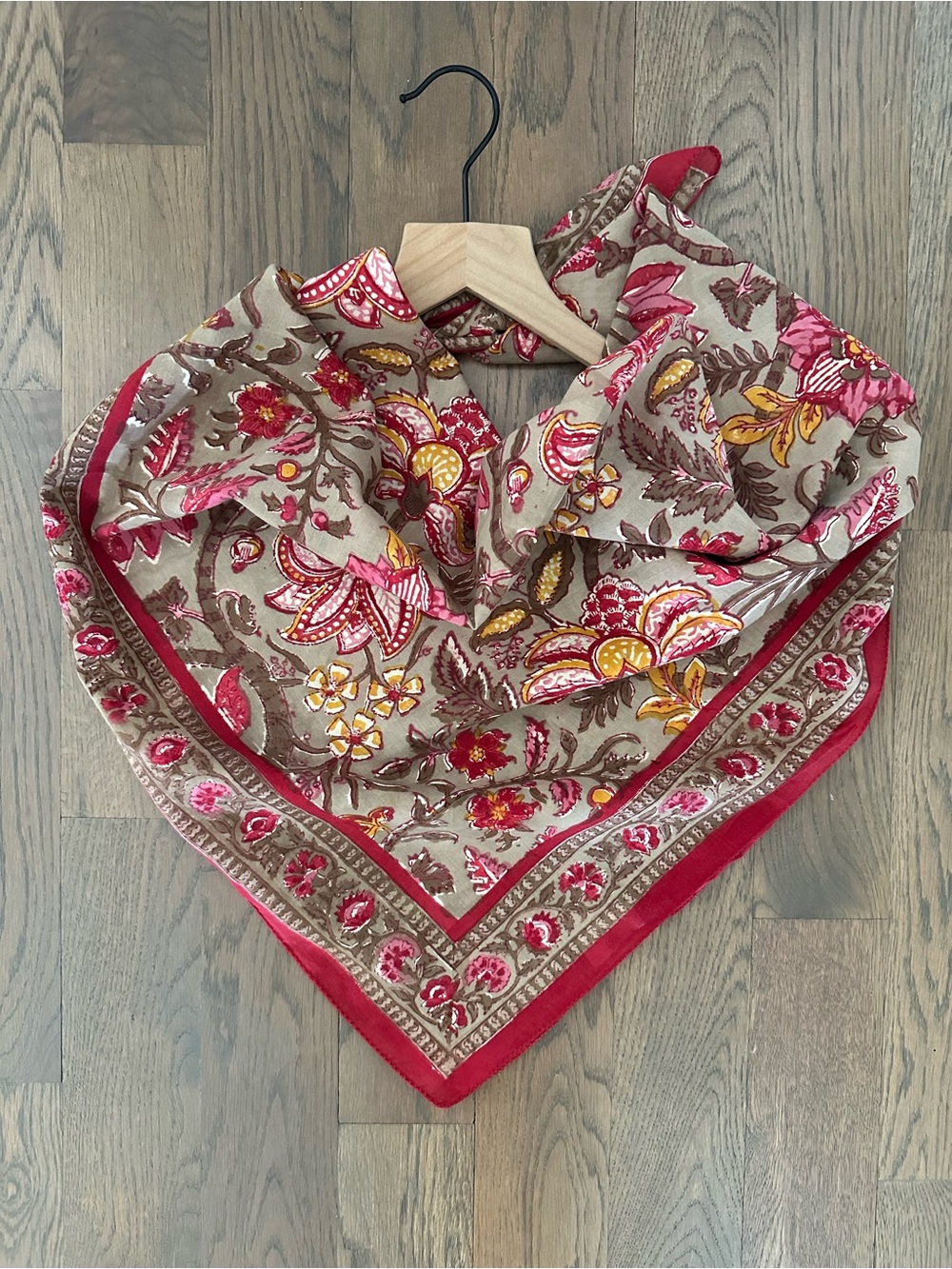 Anokhi 100% Cotton Block Print Floral Scarf in Red, Tan Multicolor 37" x 35.5"